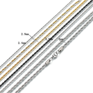 Detail view of twisted rope necklaces in gold, silver, and black with size annotations