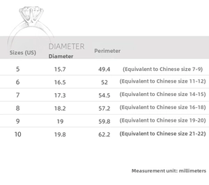 Detailed jewelry size guide table showing US sizes with diameter and perimeter measurements