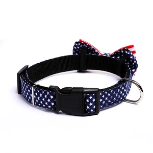 Adjustable pet collar with US flag bow tie featuring navy stars and red stripes patterns