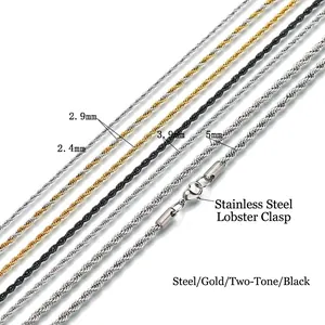 Stainless steel twisted rope necklaces in various colors and widths from 2.4mm to 5mm