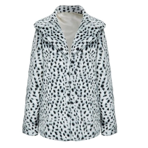 Faux fur leopard print coat with notched collar in mid-length black and white pattern