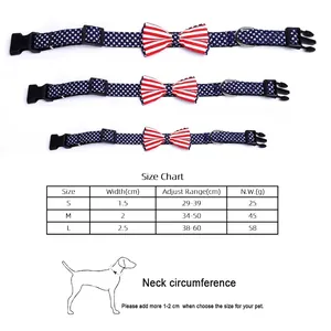 Size chart for American flag bow tie pet collar showing S, M, L dimensions and neck range