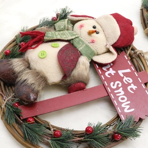Christmas snowman wreath with natural rattan, pine needles and Let it Snow wooden sign