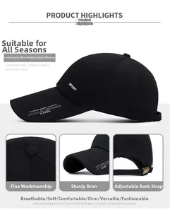 Detail view of the long-brimmed black cotton sport hat with adjustable metal buckle