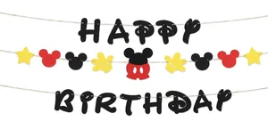 Dettaglio dello striscione Mickey Happy Birthday con testa di topo nera e stelle rosse