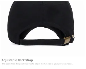 Detail of black cotton canvas baseball cap with adjustable bronze metal buckle
