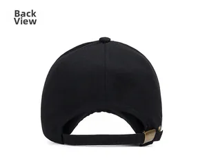 Detail view of cotton baseball cap back with adjustable strap and metal buckle clasp