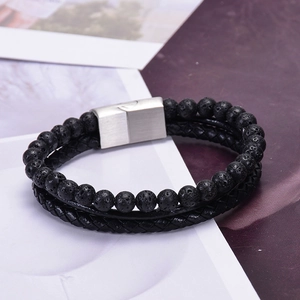 Men's multi-layer black lava stone and braided leather bracelet with magnetic clasp