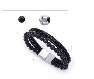 Detail showing 6mm lava stone beads, braided leather strap, and magnetic steel clasp