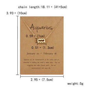 Detail of gold Aquarius zodiac pendant necklace on brown kraft paper display card