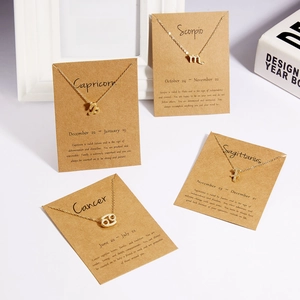 Detailed view of gold zodiac necklaces for Scorpio, Capricorn, Sagittarius, and Cancer symbols