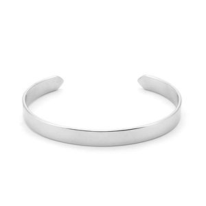 Minimalist silver stainless steel C-shaped open cuff bracelet shown on a white background