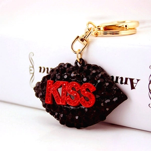 Fashion red lips KISS keychain with black rhinestones and golden hardware clasp