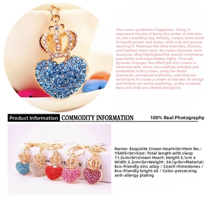 Macro shot of crown heart keychain with colorful rhinestones in five vibrant colors