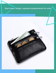 Close-up of black leather coin purse with double zipper design for organized cash storage
