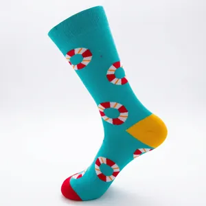 Green cotton crew socks with nautical lifebuoy pattern and colorful contrast heels