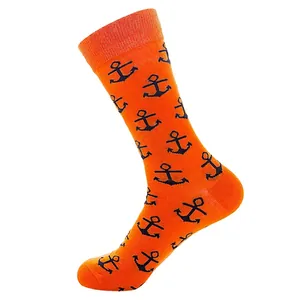 Orange mid-calf cotton socks featuring navy blue anchor pattern for men and women