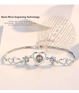 Detailed close-up of a silver heart projection bracelet with sparkling zircon stones