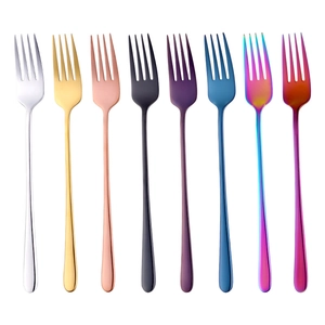 Set of 8 colorful stainless steel dinner forks in various finishes on a white background