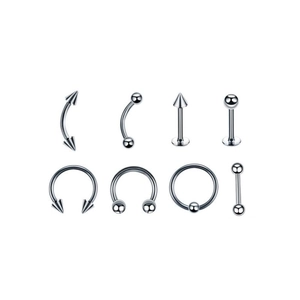 Set of 8 silver stainless steel body piercing jewelry including rings and studs