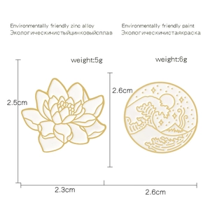 Detailed size specifications for zinc alloy lotus and wave enamel pins with measurements