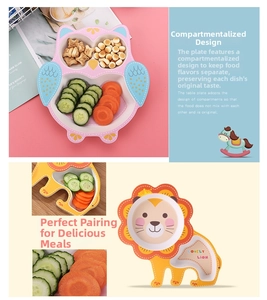 Detail view of eco-friendly bamboo fiber divided plates featuring cute animal designs