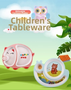 Detailed view of bamboo fiber kids plates in cute pig, snail and owl shapes