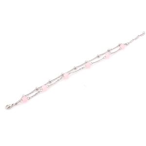 Double-layer stainless steel bracelet with natural strawberry quartz pink beads for women