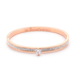 Rose gold plated titanium steel bangle with double row pavé stones and round center crystal