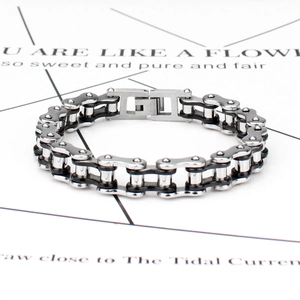 Industrial style titanium steel motorcycle chain bracelet in silver and black for men