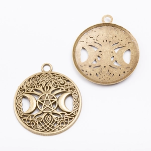 Vintage bronze alloy round pendants featuring triple moon and pentagram cutout design