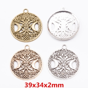 Round Tree Of Life Alloy Charms Triple Goddess Moon Star Pentagram Hollow Out For DIY Jewelry Making Wiccan Pagan Retro