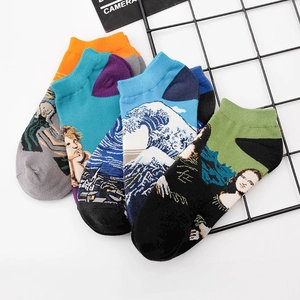 Artistic low cut cotton socks featuring Van Gogh and Mona Lisa prints on black grid