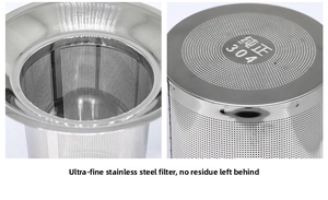 Detail of 304 stainless steel tea infuser with ultra-fine mesh and engraved base logo