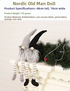 Detail of Nordic Christmas gnomes with bendable hats on a white mantel with pine cones