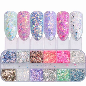 Close-up of 12-grid nail art glitter set with mixed colors and sample nail tips