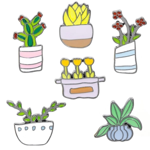 Set of six colorful enamel plant pins featuring cute cactus and succulent pot designs