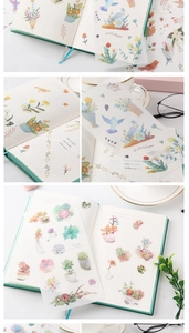 Detail of green notebook and botanical PET stickers with flower and succulent patterns