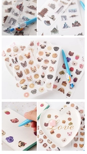 Detail of cute cartoon and vintage architecture washi stickers for journaling decoration