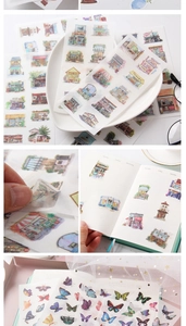 Detail of translucent washi stickers featuring Japanese buildings and butterflies on paper