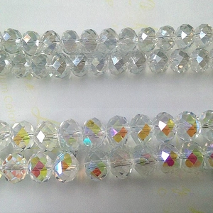 Macro comparison of faceted glass crystal beads showing standard AB and premium color plating