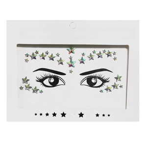 Detailed holographic star-shaped face crystal stickers in decorative retail packaging
