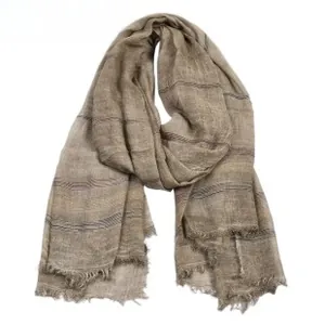 Detailed close-up showing the dark khaki yarn-dyed texture and fringe edge of the scarf