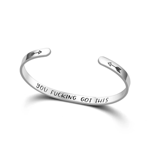 Polished silver titanium steel C-shaped cuff bracelet with motivational engraving