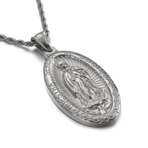 Silver Virgin Mary pendant necklace with Guadalupe engraving on a rope chain