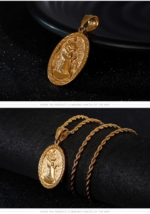 Detail of gold oval religious pendant featuring embossed figure and Greek key border