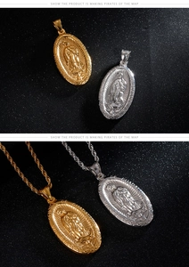 Detailed relief of Virgin Mary pendant in gold and silver finish with textured chain