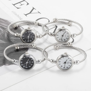 Detailed macro of silver quartz bangle watches with black and white roman numeral dials