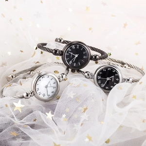 Minimalist quartz bangle watches with metal cable straps in black and white dial versions