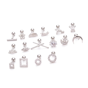 Set of 16 silver stainless steel cartilage earrings with cubic zirconia in various shapes